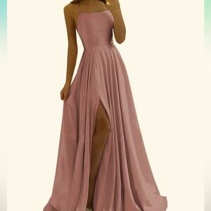 Dusty Rose Satin bridesmaid prom ball gown with slit and pockets open back